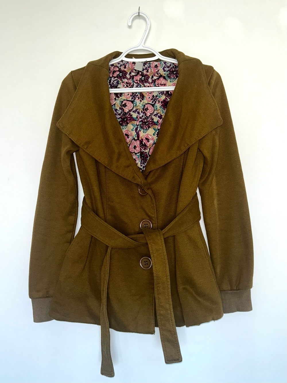 DownEast Olive Buttoned & Belted Blazer Coat with Floral Lining Size Medium
